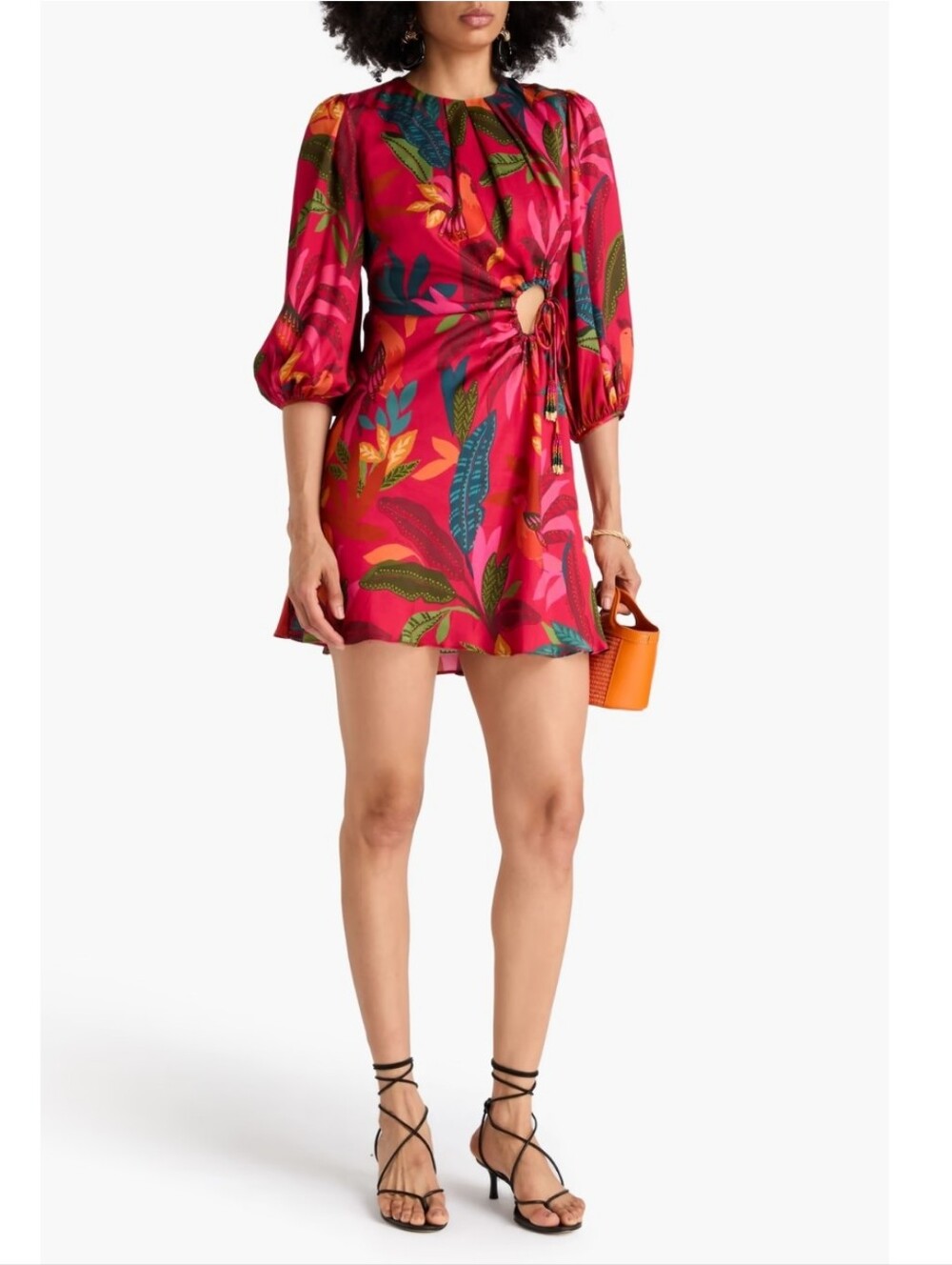 FARM Rio Red Rooster Leaves Cut Out Satin Dress Long Sleeve Mini Size L - Picture 1 of 17